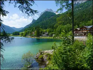 Góry Alpy, Drzewa, Niemcy, Jezioro Hintersee, Bawaria, Gmina Berchtesgadener, Domy