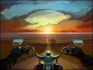 Motocykl, Słońca, Droga, Obraz, Zachód