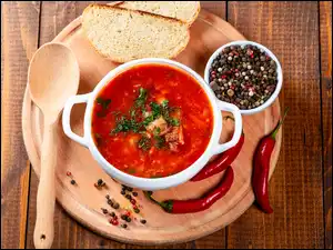 Chili, Kolorowy, Deska, Chleb, Miseczka, Łyżka, Pieprz, Zupa, Kromki, Papryczki, Drewniana
