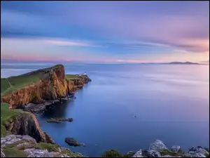 Szkocja, Wybrzeże, Wyspa Skye, Neist Point Lighthouse, Półwysep Duirinish, Klif, Skały, Morze Szkockie, Latarnia morska