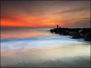 Lato, Morze, Plaża, Zachód Słońca