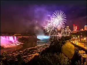 Niagara, Wodospad, Sztuczne ognie, Miasto, Oświetlone, Budynki