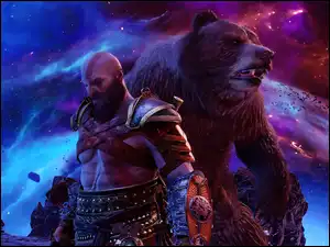 Kratos z niedźwiedźiem z gry God of War Ragnarok