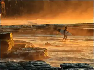 Zachód, Surfing, Skały, Morze, Słońca