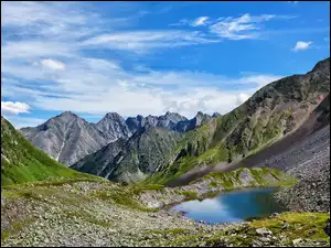 Jezioro, Góry, Błękitne, Chmury, Kamienie, Niebo
