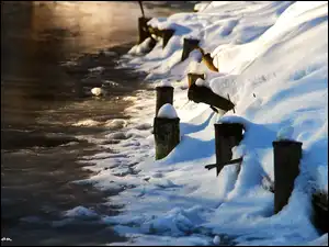 Jezioro, Kołki, Brzeg, Śnieg, Drewniane