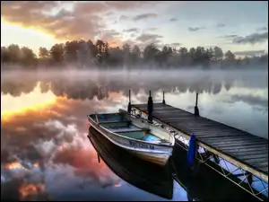 Jezioro, Las, Molo, Łódka, Mgła
