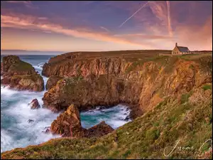Skały, Cypel, Chapelle de Saint-They, Pointe du Van, Morze, Gmina Plogoff, Przylądek, Wybrzeże, Kaplica, Klif, Francja
