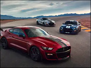 Trzy samochody Ford Mustang Shelby GT500 2019