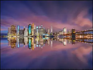 Stany Zjednoczone, Wieżowce, Nowy Jork, Cieśnina East River, Świt, Most Brookliński, Brooklyn Bridge, Nowy Jork, Rzeka