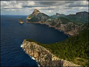 Hiszpania, Wybrzeże, Wyspa Majorka, Morze, Zachód słońca, Klif, Góry Serra de Tramuntana, Półwysep Formentor, Skała