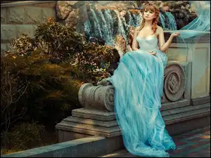 Moda, Kobieta, Suknia, Ogrodzenie, Długa, Kamienne