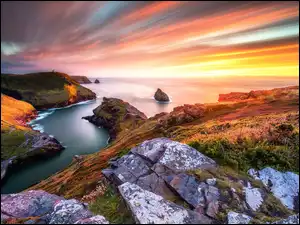 Wybrzeże, Piękny, Anglia, Skaliste, Boscastle, Słońca, Zachód