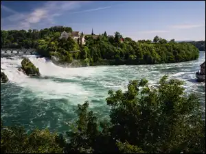 Rzeka Ren, Wodospad Rheinfall, Neuhausen am Rheinfall, Szwajcaria, Zamek Laufen, Kanton Szafuza