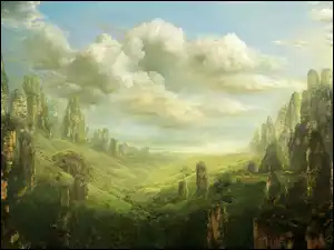 Skały, Chmury, Grafika, Fantasy, Dolina