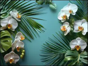 Orchidee, Liście, Białe, Storczyki, Kwiaty