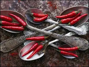 Chili, Łyżki, Papryczki, Warzywa, Srebrne