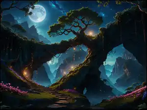 Noc, Księżyc, Fantasy, Skały, Kwiaty, Droga, Drzewa