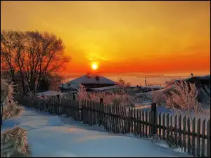 Śnieg, Zachód, Ogrodzenie, Zima, Płot, Drzewa, Słońca