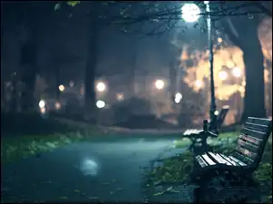 Alejka, Oświetlenie, Park, Noc, Ławka