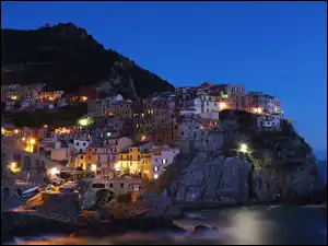 Morze, Włochy, Manarola, Oświetlone, Cinque, Skały, Domy, Terre
