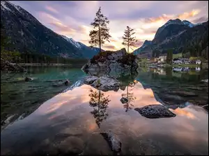 Gmina Berchtesgadener, Góry, Drzewa, Bawaria, Jezioro Hintersee, Odbicie, Niemcy, Skały