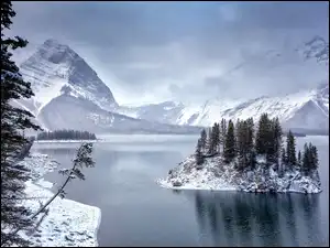 Jezioro, Mgła, Góry, Zima, Drzewa
