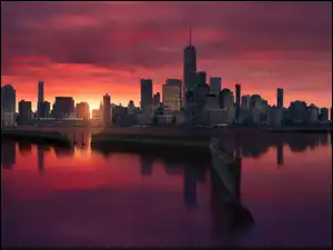 Nowy Jork, Manhattan, Miasto nocą, Stany Zjednoczone, Wieżowce, Cieśnina East River, Lower Manhattan