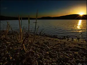 Kamienie, Słońca, Brzeg, Jezioro, Zachód