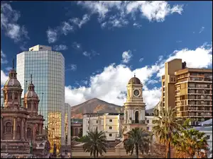Santiago, Miasto, Budynki, Góry, Chile, Niebo