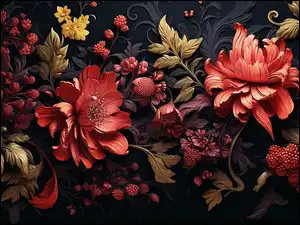 Złote, Grafika, Kwiaty, Czerwone, Liście