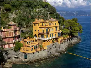 Skała, Domy, Morze, Włochy, Drzewa, Portofino