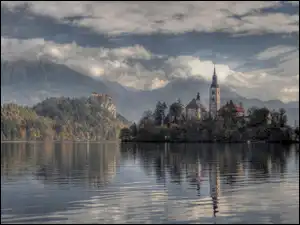 Jezioro, Kościół, Bled, Słowenia, Wyspa