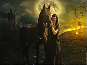 Brunetka, Koń, Lampa, Fantasy, Księżyc, Zamek, Domy