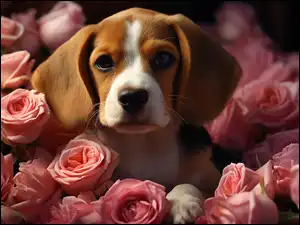 Mordka, Szczeniak, Pies, Beagle, Róże