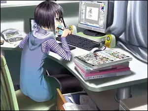 Krzesło, Biurko, Anime, Dziewczyna, Manga, Komputer, Książki