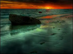Kamień, Słońca, Morze, Plaża, Zachód