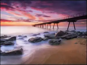 Molo, Kamienie, Morze, Zachód słońca, Plaża