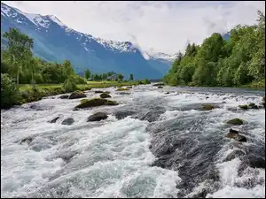 Drzewa, Góry, Wieś, Norwegia, Rzeka Oldeelva, Olden