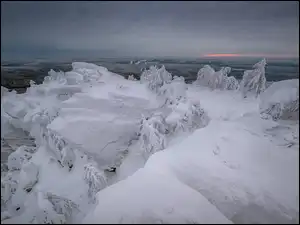 Śnieg, Zima, Zaśnieżone, Drzewa, Wschód słońca, Skały