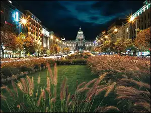 Praga, Czechy, Muzeum Narodowe, Miasto nocą, Plac Wacława, Ulica