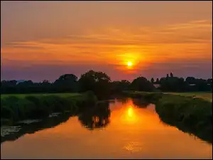 Rzeka, Drzewa, Słońca, Zachód, Łąki