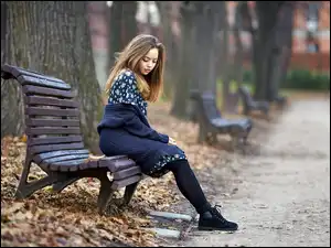 Aleja, Na Ławce, Park, Jesień, Dziewczyna