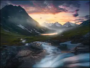 Chmury, Rzeka Rauma, Norwegia, Góry, Romsdalen, Dolina, Jezioro
