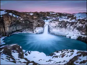Wodospad, Aldeyjarfoss, Zima, Islandia, Rzeka Skjalfandafljot, Skały, Bazaltowe