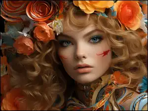 Kwiaty, Kobieta, Blondynka, Wianek, Niebieskooka, Loki, Grafika, Długowłosa