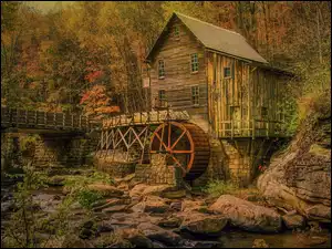 Stany Zjednoczone, Młyn, Wirginia Zachodnia, Skały, Park Babcock State, Glade Creek Grist Mill, Las, Jesień, Drzewa