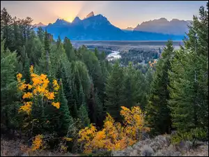 Park Narodowy Grand Teton, Góry, Snake River, Stan Wyoming, Teton Range, Drzewa, Stany Zjednoczone, Rzeka