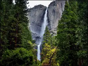 Park Narodowy Yosemite, Góry, Wodospad, Kalifornia, Drzewa, Upper Yosemite Falls, Stany Zjednoczone, Skały