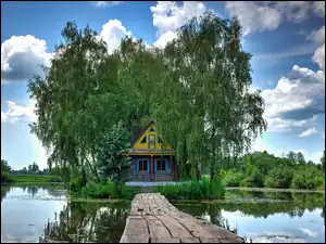 Dom, Odbicie, Drzewa, Jezioro, Pomost